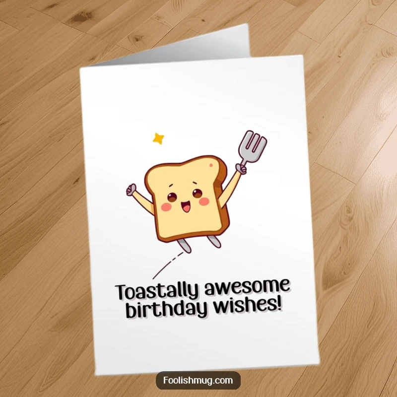 Funny Free Printable Birthday Card: Triumphant toast character flying on a spatula, ready to deliver birthday cheer.