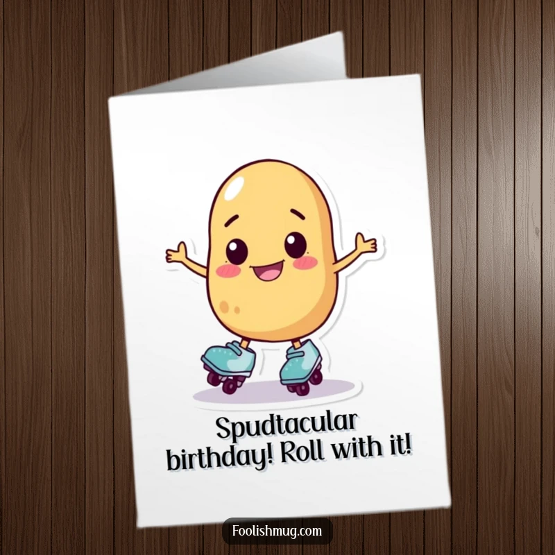 Funny Free Printable Birthday Card: A happy potato character hilariously wobbling on roller skates, ready for a clumsy celebration.