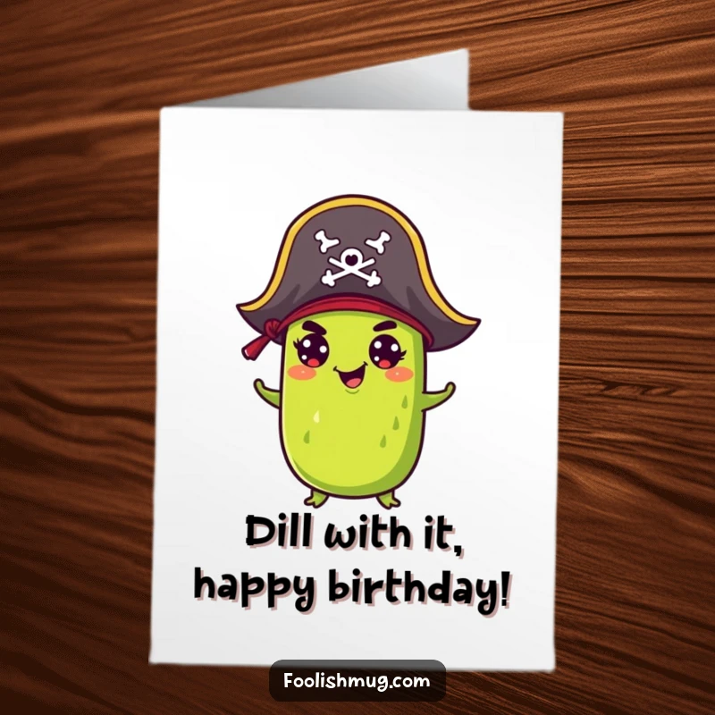 Funny Free Printable Birthday Card: A mischievous pickle sports a tiny pirate hat, ready to deliver birthday wishes.