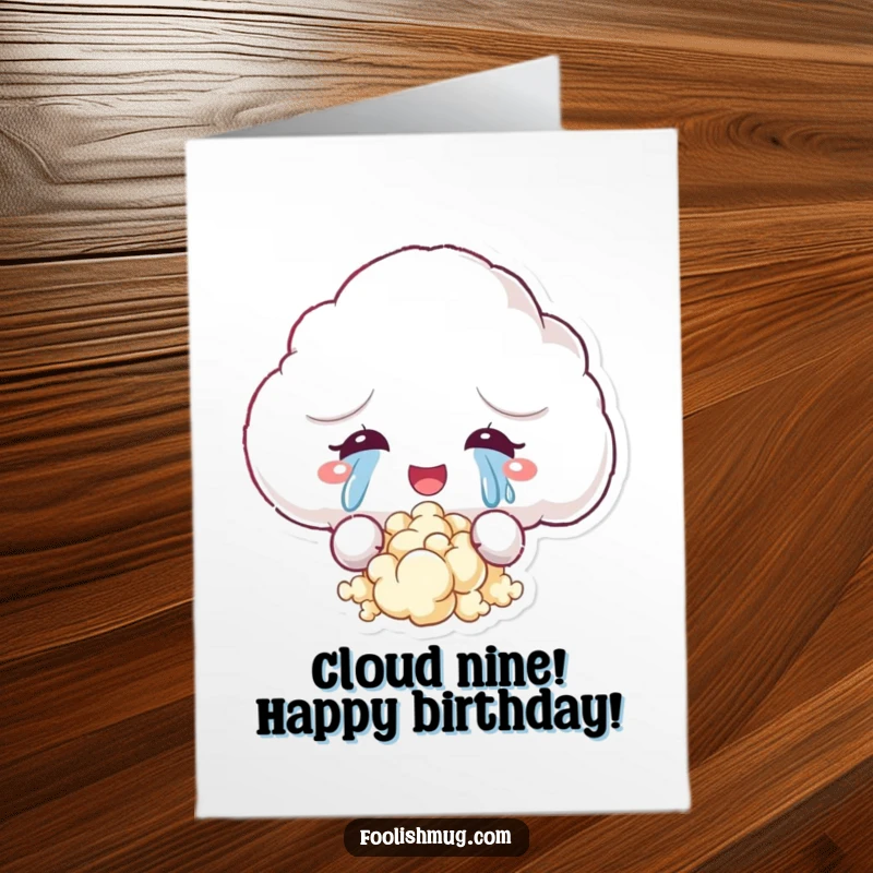 Funny Free Printable Birthday Card: A fluffy cloud character crying happy tears that magically transform into kernels of popcorn, showering joy.