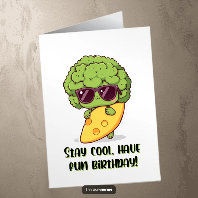 Funny Free Printable Birthday Card: Shy broccoli character wearing sunglasses, hiding behind a giant cheese slice, a quirky DIY gift.