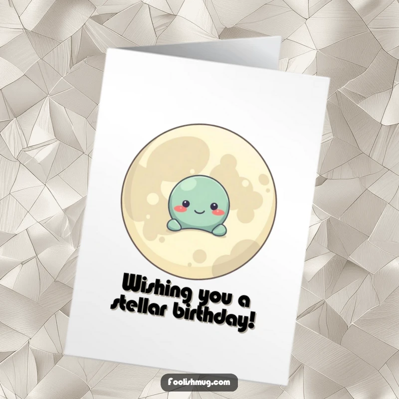 Funny Free Printable Birthday Card: A shy planet peeks from behind a giant, smiling moon, wishing Happy Birthday.