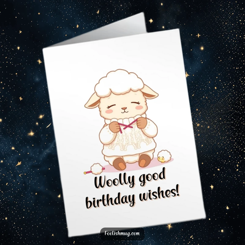 Funny Free Printable Birthday Card: Sleepy sheep humorously knitting a sweater from its own wool, a cozy DIY gift idea.