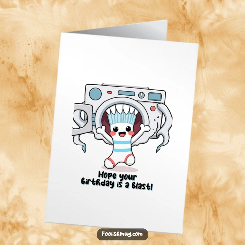 Funny Free Printable Birthday Card: A cheerful sock character making a daring escape from a menacing laundry monster.