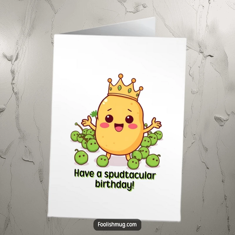Funny free printable birthday card featuring a cheerful potato king leading an army of peas with a tiny crown.