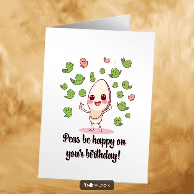 Funny Free Printable Spoon Conductor Birthday Card: A happy spoon character conducts flying peas like an orchestra, perfect for a musical birthday surprise.