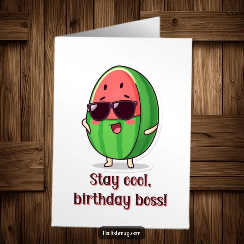 Funny Free Printable Birthday Card featuring a proud watermelon slice wearing sunglasses and striking a cool pose, radiating confidence.