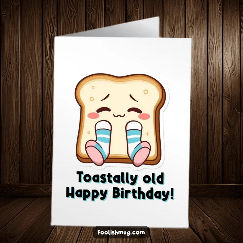 Funny Free Printable Birthday Card: Confused toast slice in mismatched socks, looking bewildered, ready to celebrate your special day.