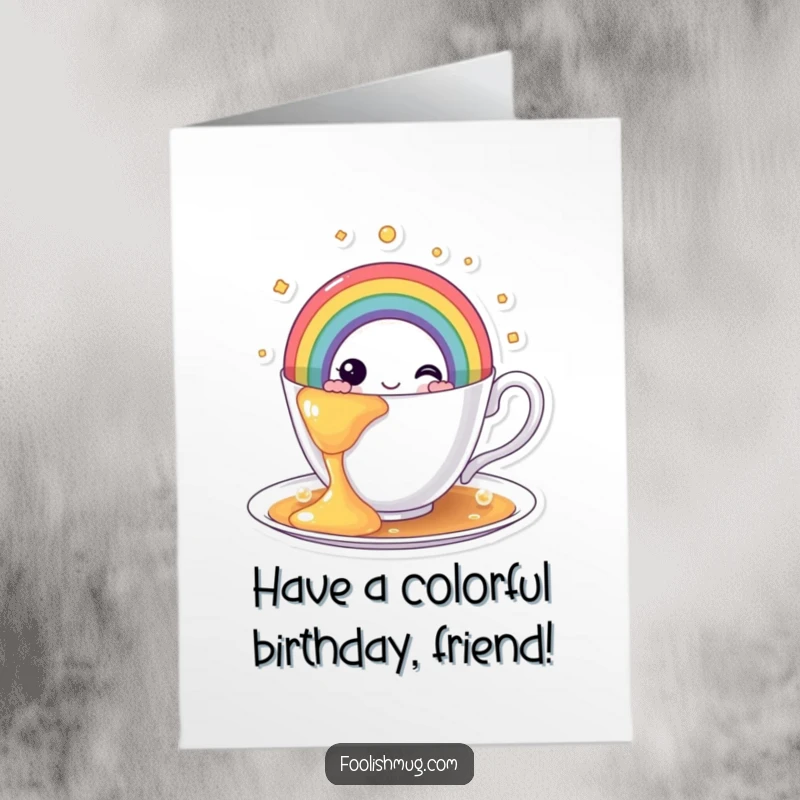 Funny Free Printable Birthday Card: A teacup character joyfully overflowing with a vibrant rainbow instead of tea, a colorful DIY gift.