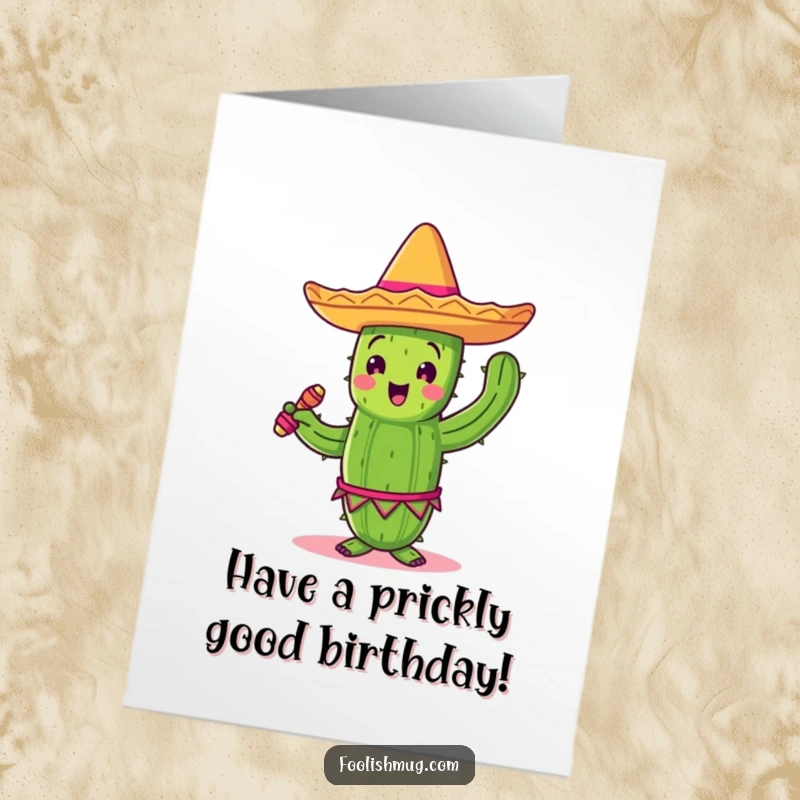 Fiesta Free Printable Birthday Card: A dancing cactus in a sombrero, shaking maracas, ready to party and celebrate your day.