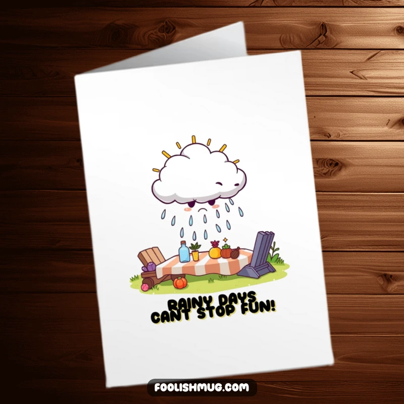 Funny Free Printable Birthday Card: A grumpy cloud attempting to rain on a cheerful, sunny picnic scene.