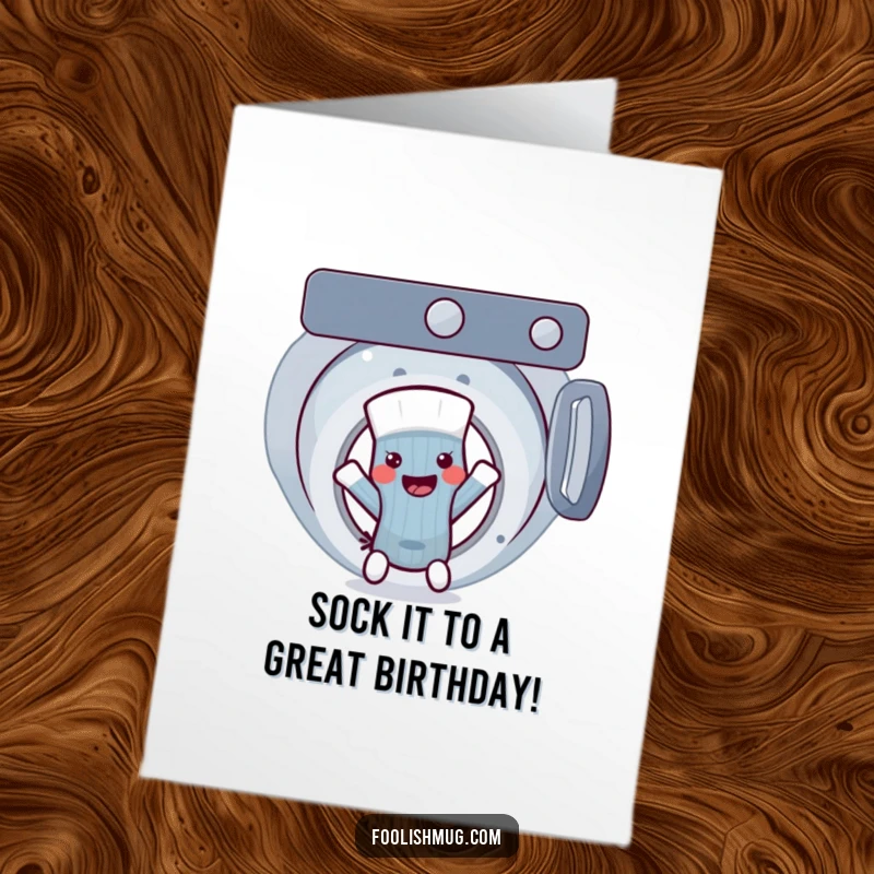 Funny Free Printable Birthday Card: Mischievous sock character making a daring escape from a washing machine.