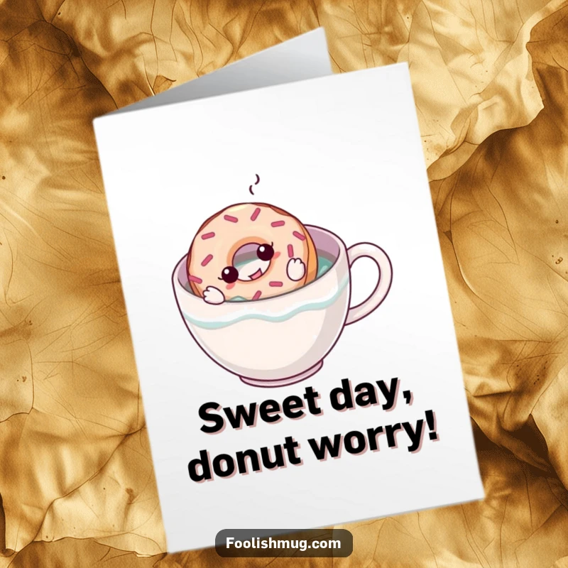 Funny Free Printable Birthday Card: A cheerful donut character attempting to swim laps in a large mug filled with steaming coffee.