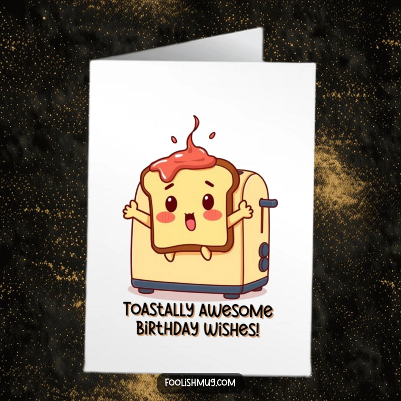 Funny free printable birthday card: Surprised toast slice leaps from a toaster, jam splattered on its head, looking shocked.