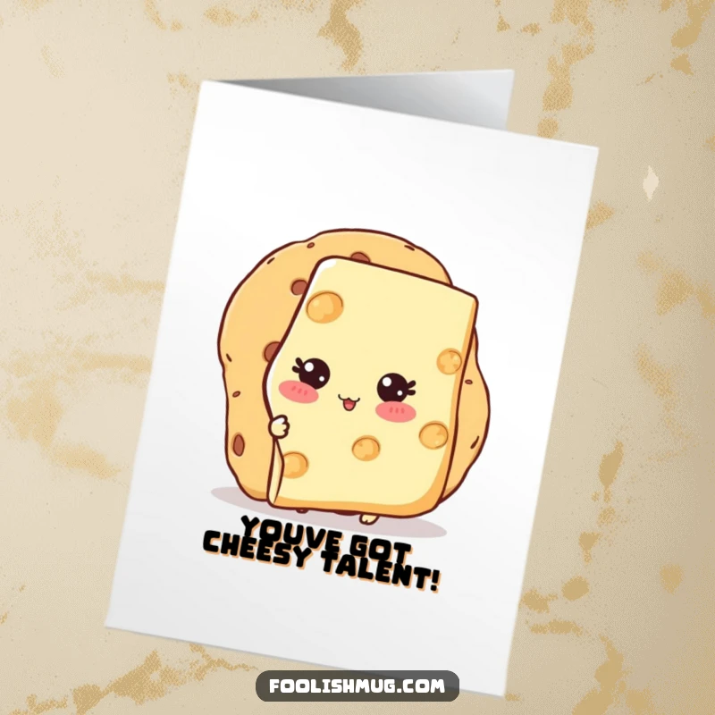 Funny Free Printable Cheesy Congratulations Card: A blushing cheese slice peeks from behind a cracker, celebrating a win with shy delight. A funny congrats.