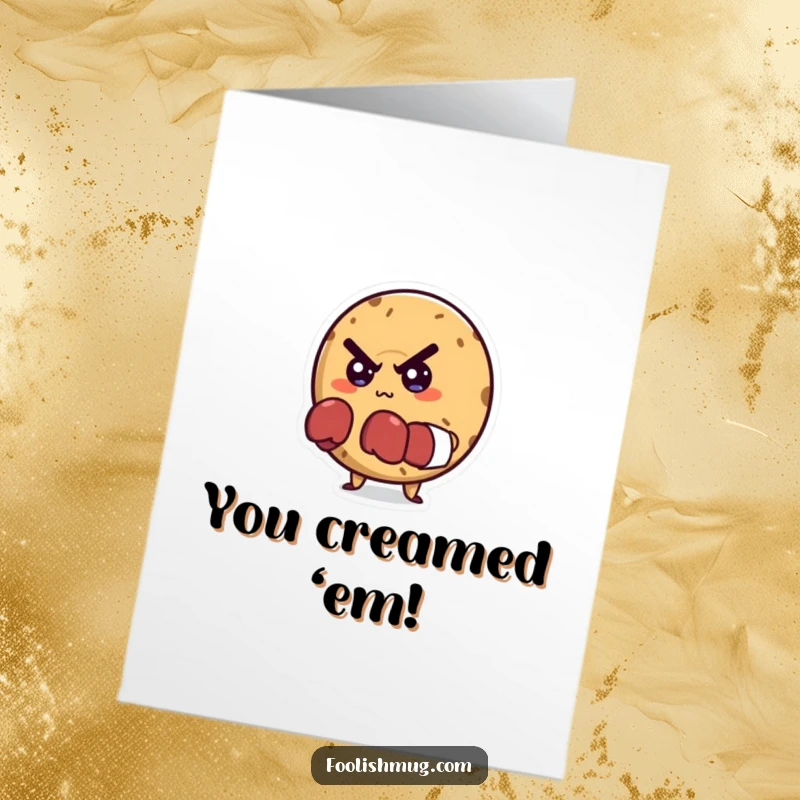 Funny Free Printable Congratulations Card: A determined bagel character in boxing gloves looks ready to take on any challenge. Downloadable.