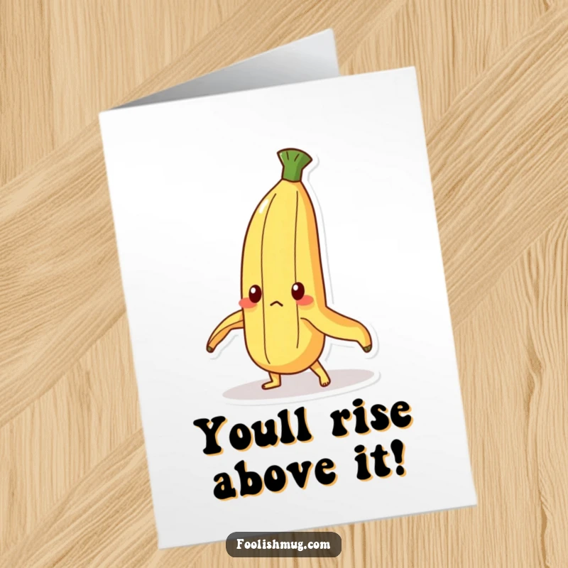 Funny Free Printable Congratulations Card: A determined banana peel character making a valiant effort to stand upright after a slip, symbolizing overcoming challenges.