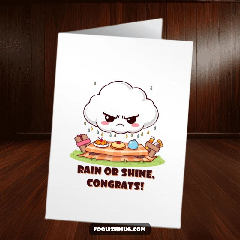 Funny free printable congratulations card: Grumpy cloud character rains frowns onto a bright, sunny picnic, creating humorous contrast.