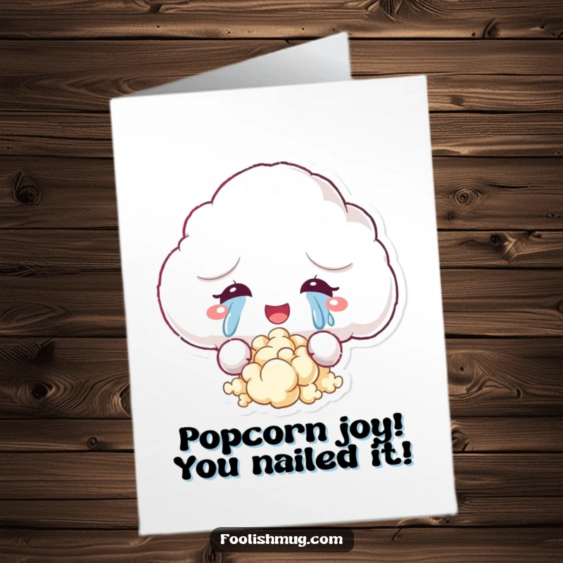 Free Printable Congratulations Card: A fluffy cloud character shedding tears of joy that turn into popcorn, celebrating success with delight.
