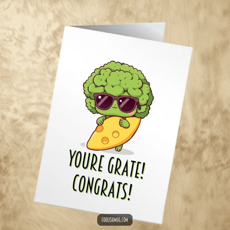 Funny Free Printable Congratulations Card: Shy broccoli character wearing sunglasses, hiding behind a giant cheese slice, a quirky DIY surprise.