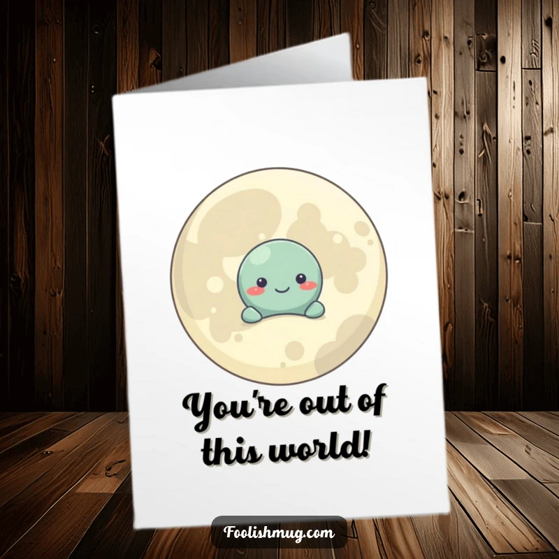 Funny Free Printable Congratulations Card: A shy planet hides behind a giant, smiling moon, offering congratulations.