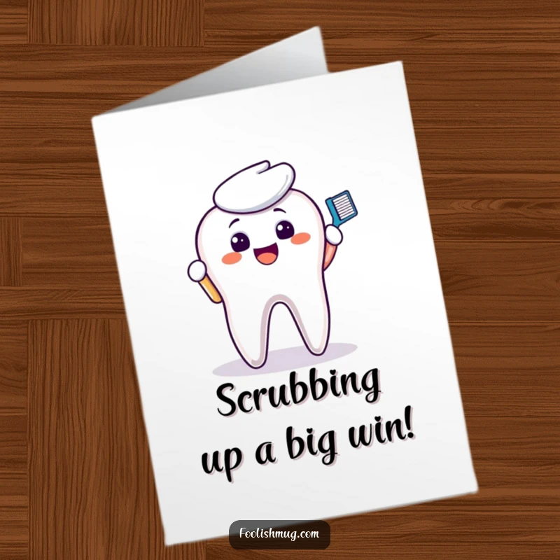 Funny Free Printable Congratulations Card: A toothbrush enthusiastically scrubs a giant discolored molar, celebrating success.