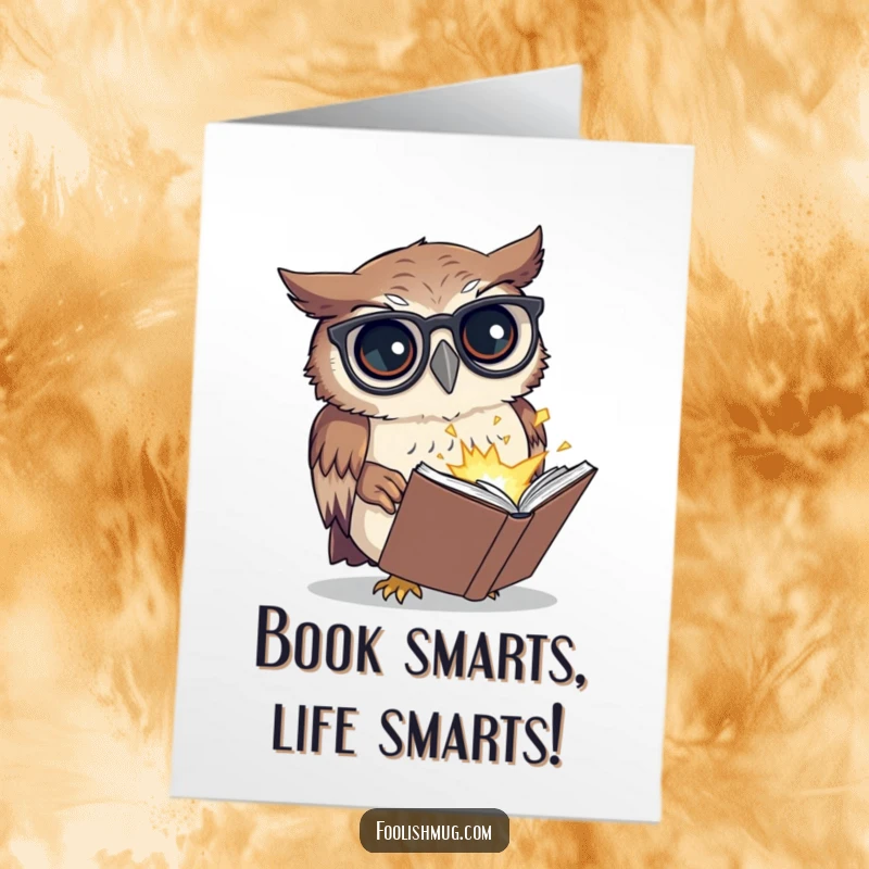 Funny free printable congratulations card, an owl with glasses looking bewildered at its tiny, exploding book.