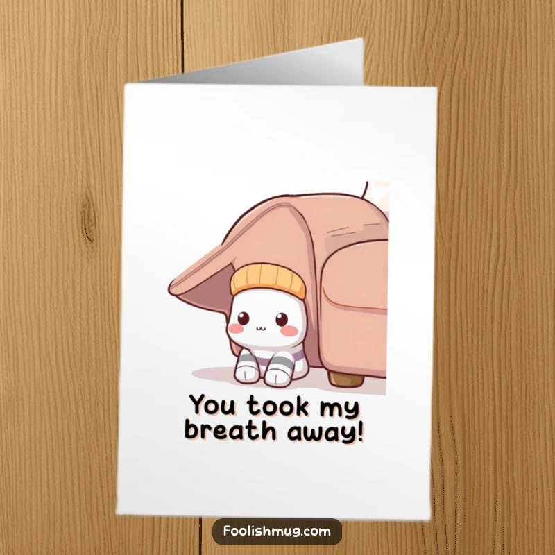 Funny Free Printable Congratulations Card showing a shy sock peeking from under a couch, conveying understated support and happiness.