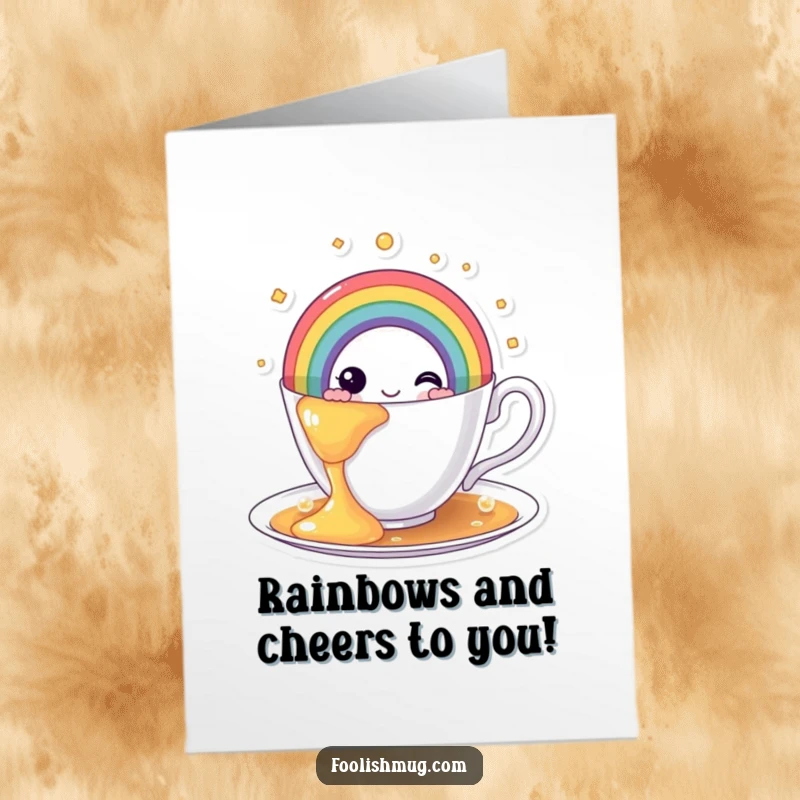 Funny Free Printable Congratulations Card: A teacup character joyfully overflowing with a vibrant rainbow instead of tea, a colorful DIY surprise.