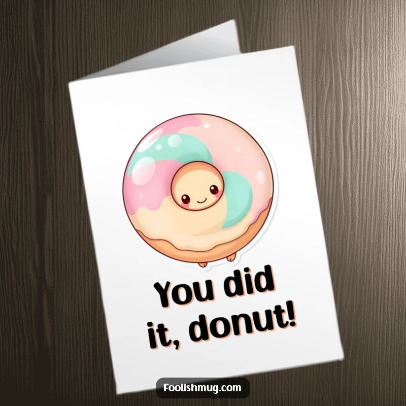 Sweet Free Printable Congratulations Card: A bashful donut hiding behind a huge lollipop, celebrating your wonderful news.