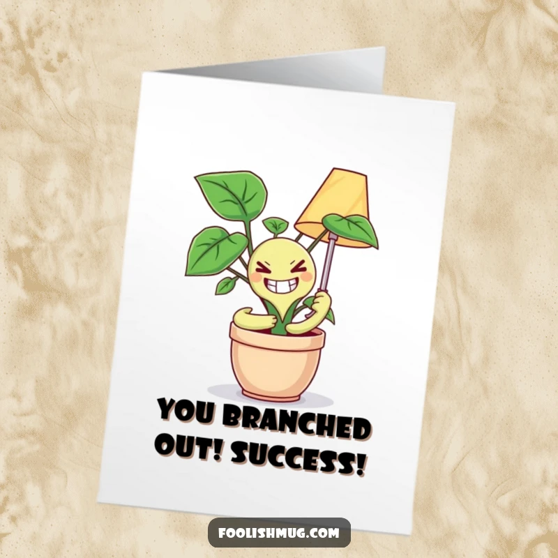 Free Printable Congratulations Card: A grinning potted plant bizarrely hugging a lamp, expressing congratulations in a uniquely hilarious way.