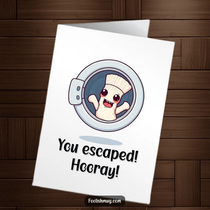 Free Printable Congratulations Card: A mischievous sock character successfully escaping from a washing machine, celebrating a hard-won freedom with glee.