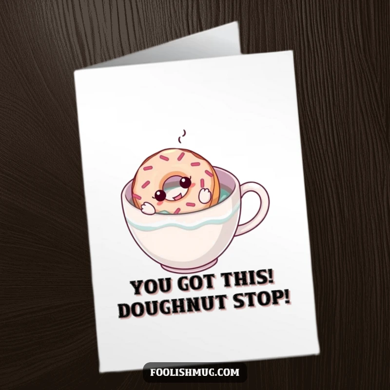 Free Printable Congratulations Card: A happy donut character paddling in a coffee mug, symbolizing a refreshing achievement and sweet victory.