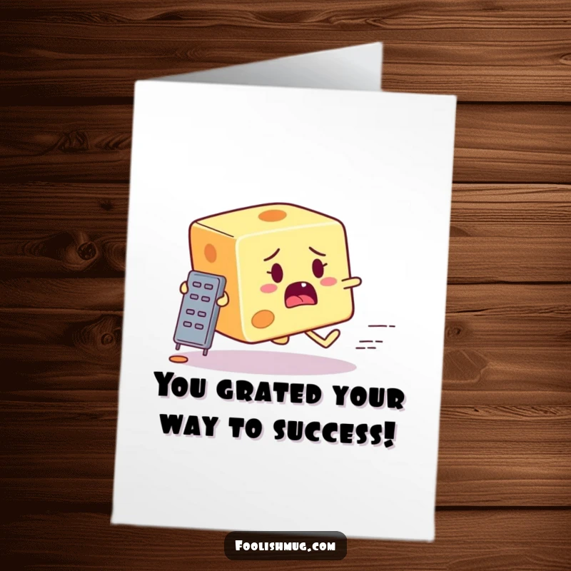 Free printable congratulations card featuring a startled cheese block character fleeing from a small grater.