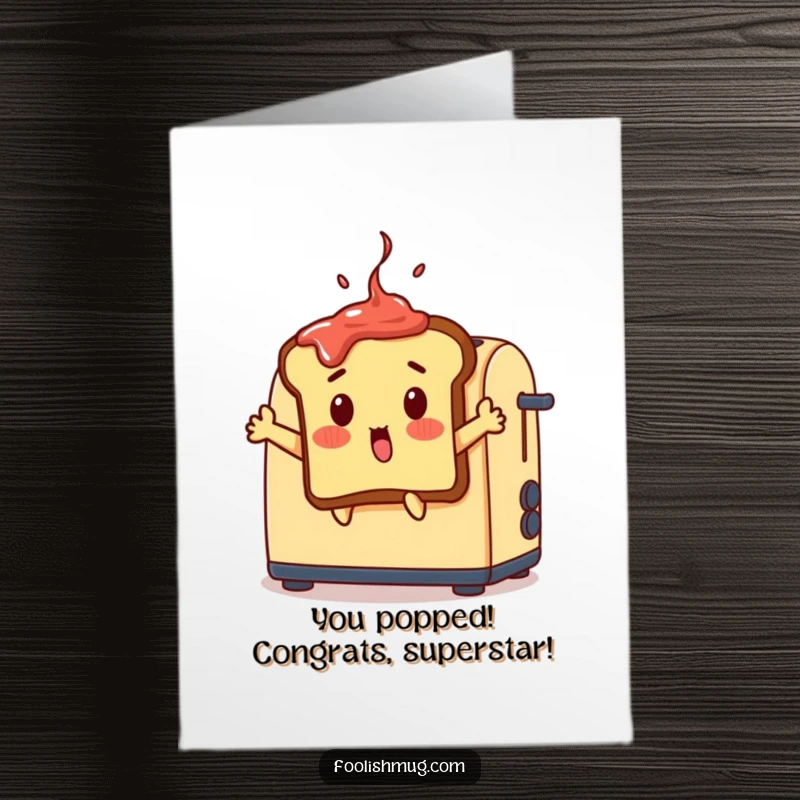 Funny free printable congratulations card: A surprised toast slice with jam leaps out of a toaster, celebrating an accomplishment.