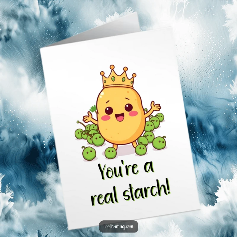 Free printable congratulations card showing a cheerful potato wearing a crown, directing a pea army.