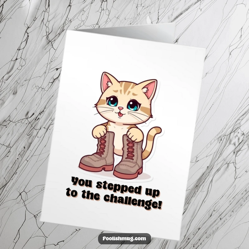 Funny Free Printable Congratulations Card: A determined cat wobbling precariously in enormous boots.