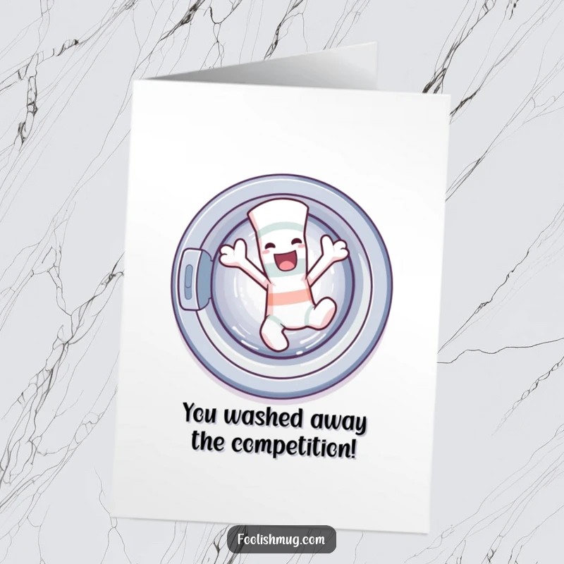 Free printable congratulations card showing a mischievous sock character dancing wildly from a washing machine.