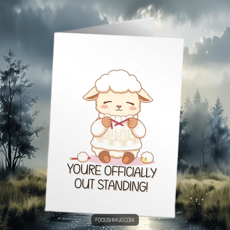 Funny Free Printable Congratulations Card: Sleepy sheep humorously knitting a sweater from its own wool, a cozy DIY gift.