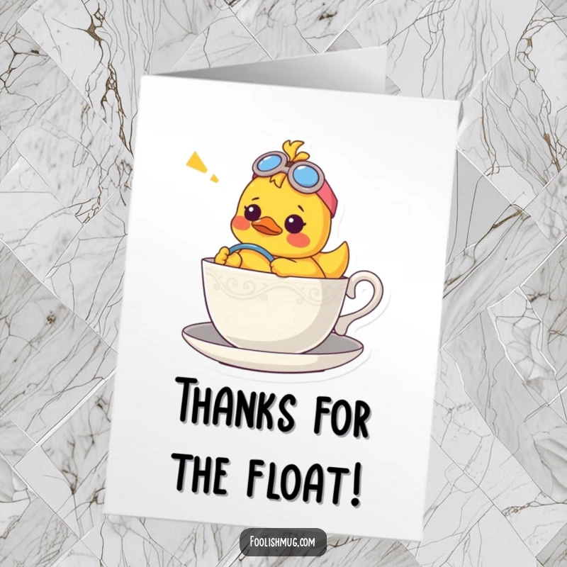 Funny Free Printable Thank You Card: A confused rubber ducky navigates a teacup boat, expressing thanks with a humorous and endearing uncertainty. Downloadable.