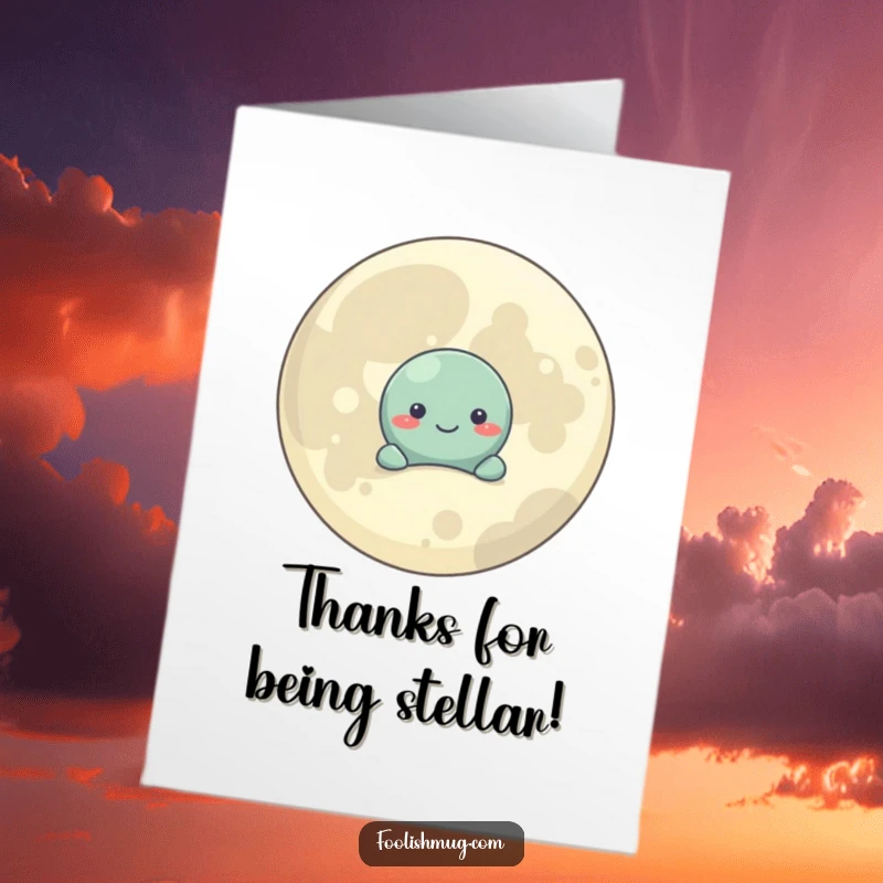 Funny Free Printable Thank You Card: A shy planet character hides behind a large, smiling moon, conveying thanks.