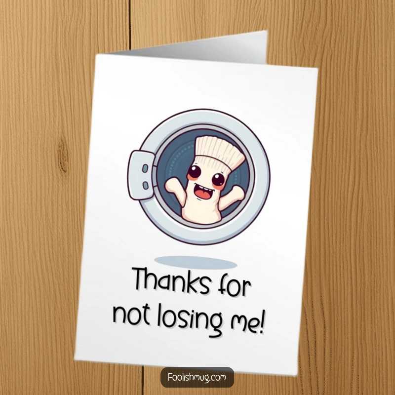 Funny Free Printable Thank You Card: A sock character plotting its escape from a washing machine, conveying thanks in a hilariously unconventional way.