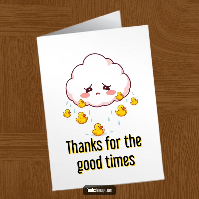 Funny Free Printable Thank You Card: Startled cloud character raining cute rubber ducks, a unique way to say thanks.