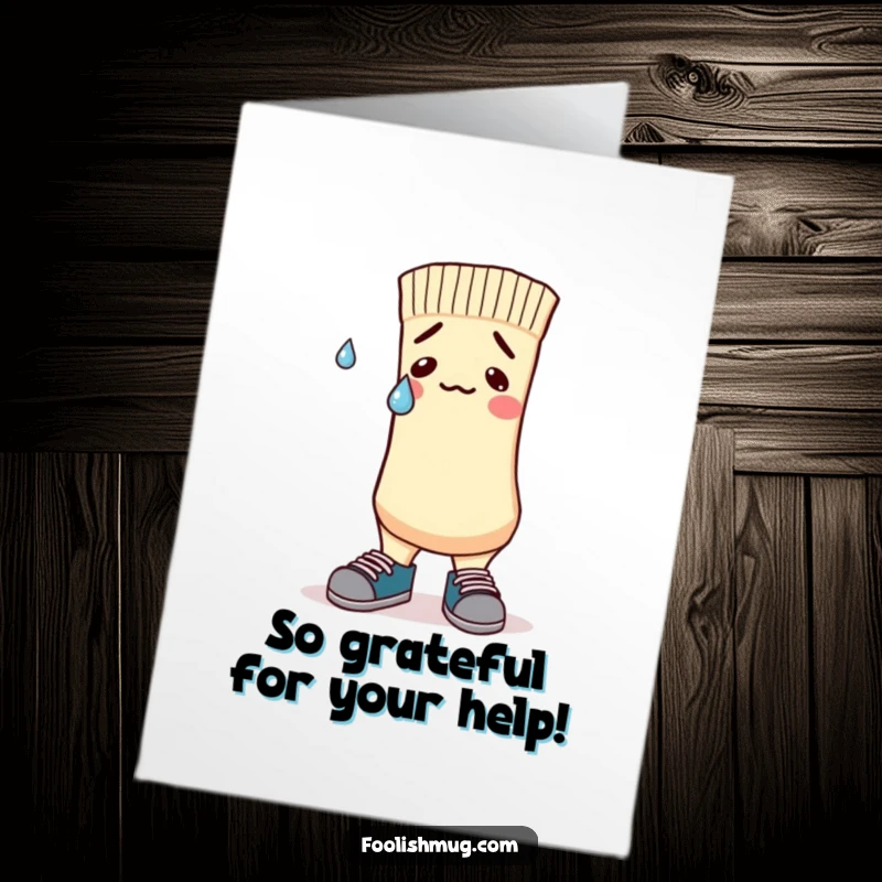 Funny Free Printable Nervous Sock Thank You Card: A nervous sock character with mismatched shoes offers a shy, sweat-drenched thank you.