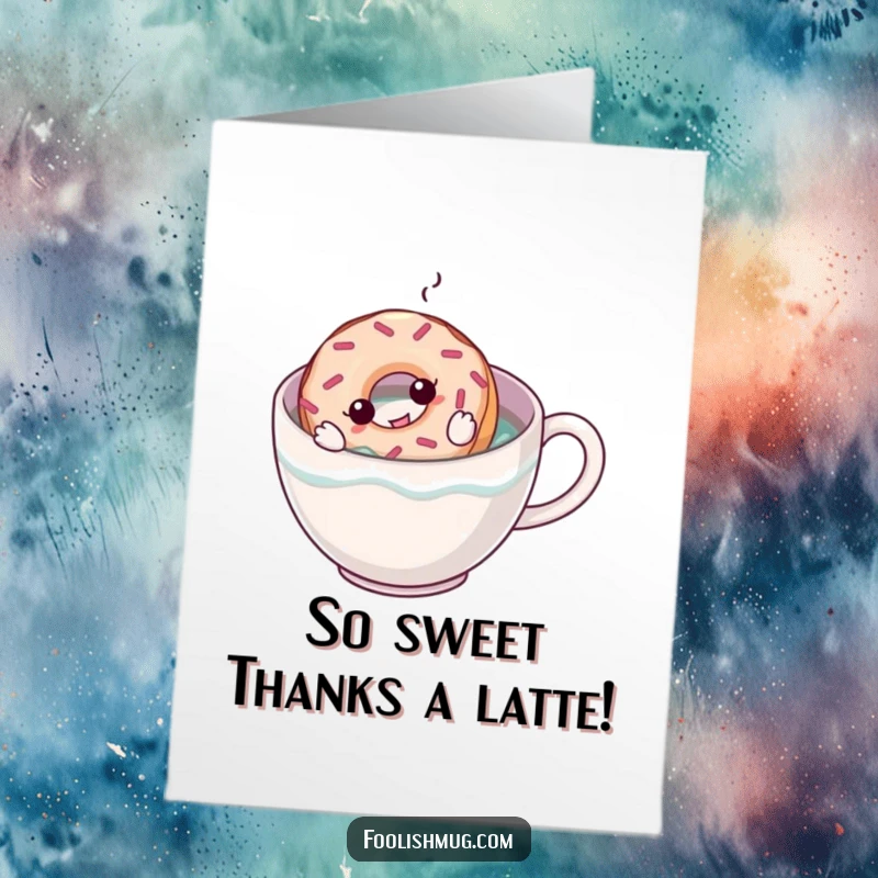 Free Printable Thank You Card: A happy donut character swimming contentedly in a large coffee mug, conveying warm thanks.