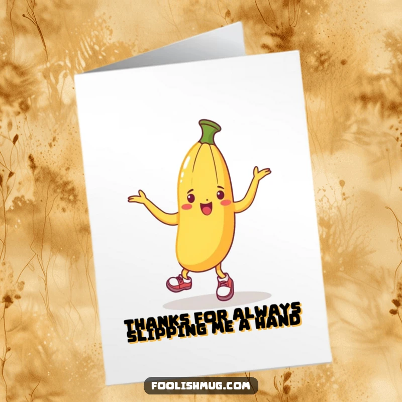 Funny Free Printable Thank You Card: A banana peel in little shoes dancing, expressing appreciation humorously.