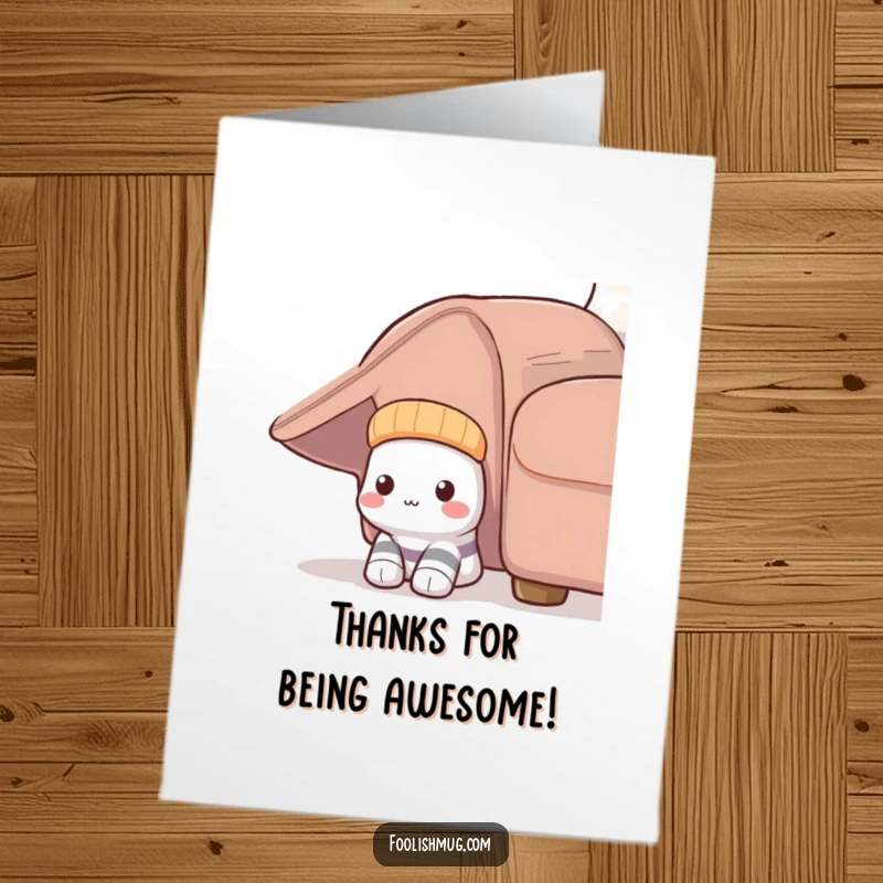 Funny Free Printable Thank You Card of a shy sock peeking from under a couch, offering a quiet expression of gratitude.