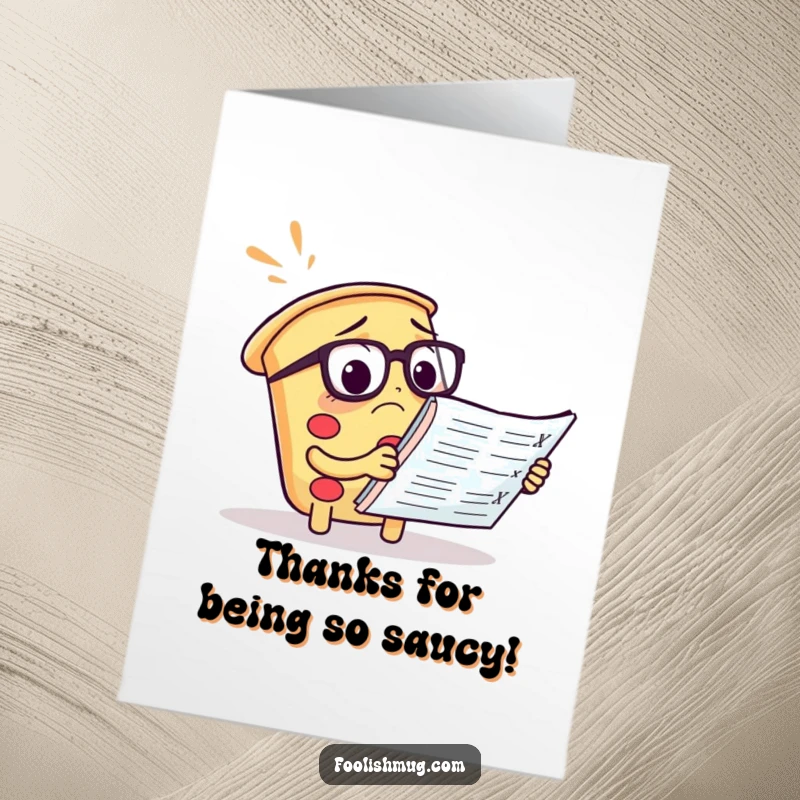 Funny Free Printable Thank You Card: A pizza slice in spectacles, confused by a huge menu, expressing thanks.
