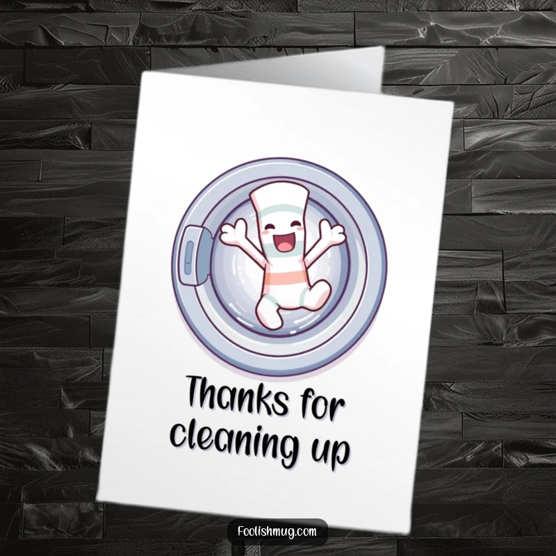 Free printable thank you card featuring a mischievous sock character having a wild dance party out of a washing machine.