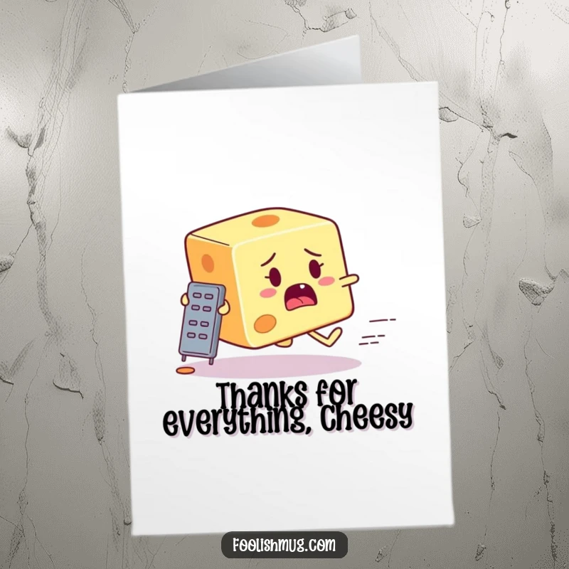 Free printable thank you card depicting a startled cheese block character making a quick getaway from a tiny grater.